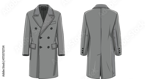 Elegant sketch of a double-breasted overcoat showcasing both the front and back design details, suitable for fashion design illustration
