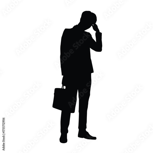 Silhouette vector of a man in a suit holding a briefcase, standing with one hand touching his head. Symbolizing professional stress, worry, problem, headache, business failure, or exhaustion.