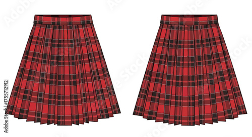 Crimson Plaid Fashion: Twin Pleated Skirts in a Vibrant Red and Black Tartan Design, on pure white background ready for digital use