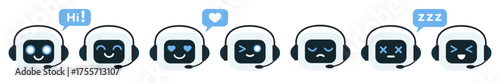 Set of 7 cute chatbot faces showing various emotions. AI assistant with a headset, expressing happiness, love, wink, sadness, sleepiness, neutral and joy. Perfect for UI UX design, customer service