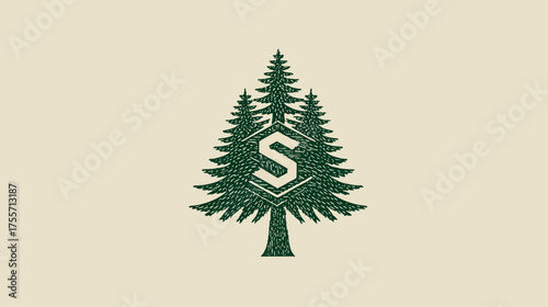 Stylized evergreen trees with a hexagonal emblem and the letter S