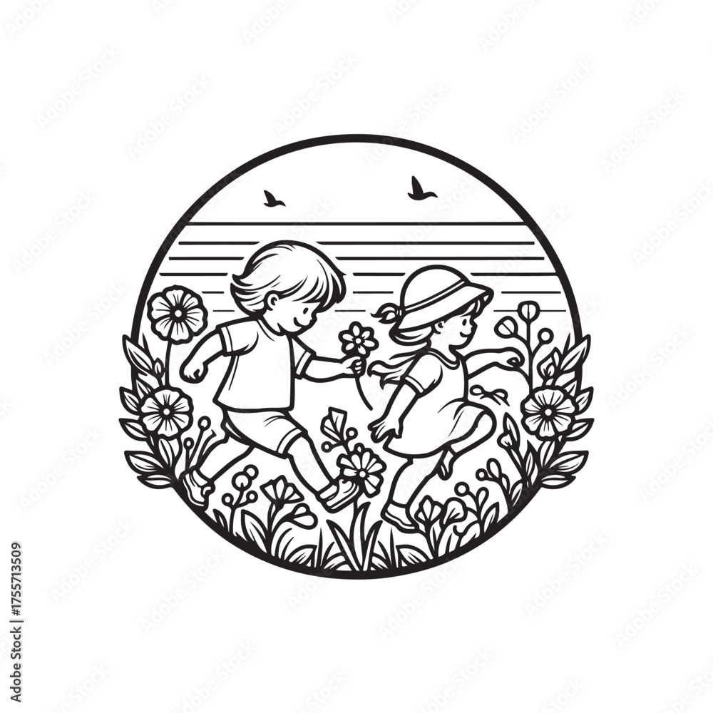 Obraz premium Vector illustration of two little children playing happily in a flower garden, drawn in a cute and warm sketch style.