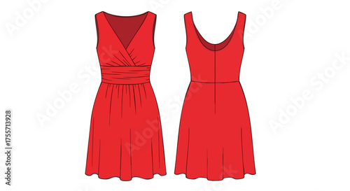 Elegant scarlet summer dress with flattering wrapped bodice and flowy skirt, presented in front and back view fashion illustration