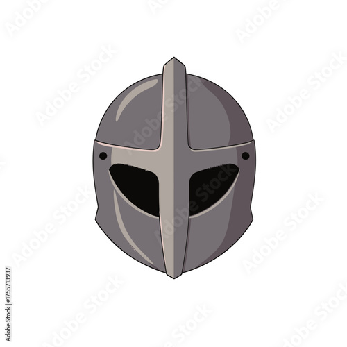 In a modern illustration, a cartoon battle knight helmet is shown as a sign of a warrior participating in a tournament, wearing gothic plate and chainmail helm