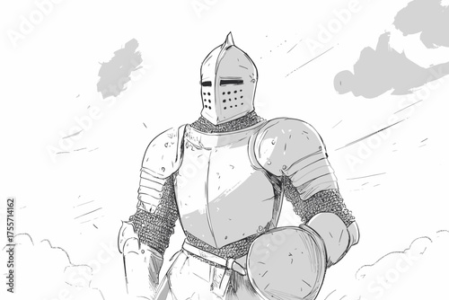 In a black and white depiction, a medieval knight is shown on a plain white background