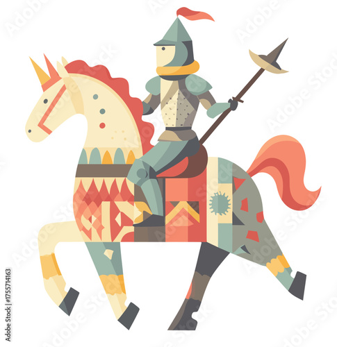 Medieval knight, a fairytale character, participates in a jousting event on horseback with a lance