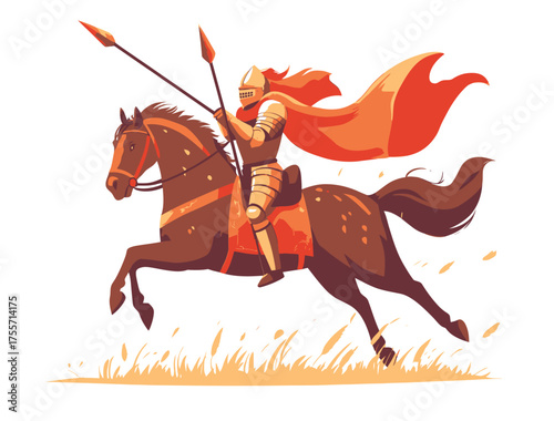 Representation of a knight astride a horse with a lance poised to begin jousting