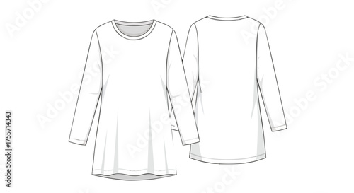 Detailed fashion flat sketch illustration of a long-sleeved tunic showcasing front and back design elements in minimalist linework providing a