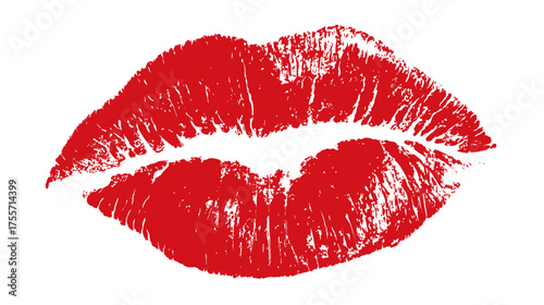 A textured red lipstick imprint of lips against a white background