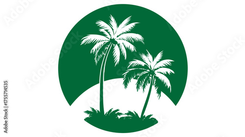 Palm tree duo inside dark green oval shape on a white background