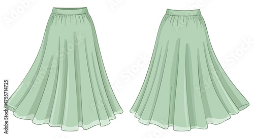 Elegant flowing skirt design in pastel green: Technical illustration for fashion design and garment creation showcases the skirt's graceful shape