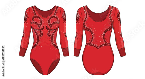 Front and Back view of a scarlet-colored long-sleeved gymnastics leotard with swirling embellishments for athletes