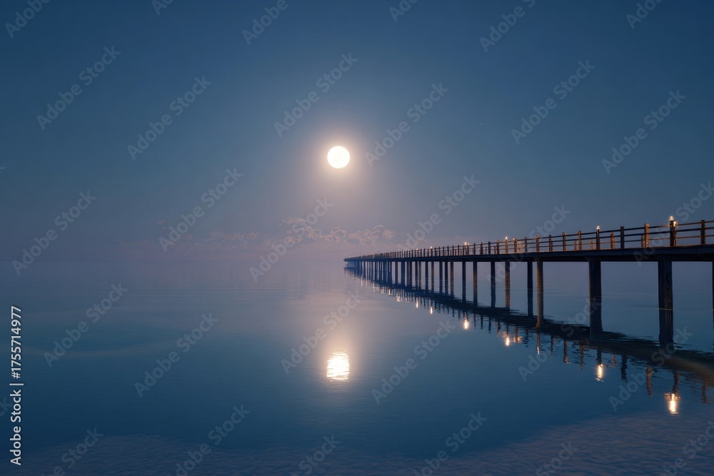 Obraz premium moonlight reflecting on calm ocean horizon, modern villa silhouette glowing, surreal minimalism