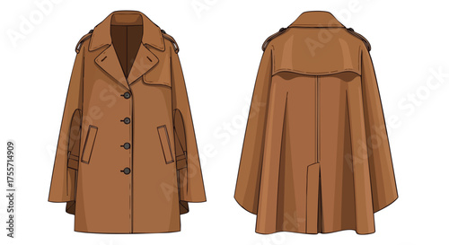 Brown trench coat fashion illustration showcasing front and back views for clothing design showcasing style and tailoring, its perfect for fashion