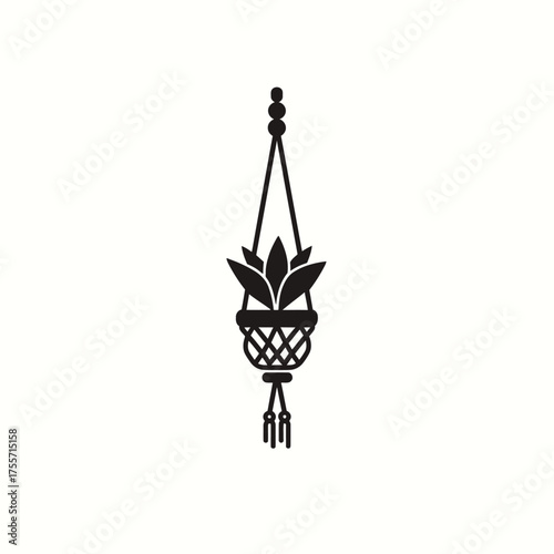 Macrame plant hanger with plant, minimal black and white illustration