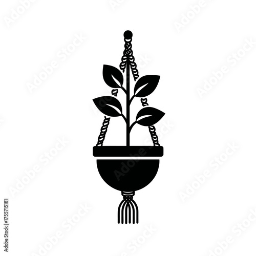 Black silhouette of a plant in a macrame hanger with tassel detail