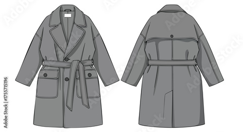 Technical illustration showcasing a grey belted trench coat, displayed from the front and back perspectives, highlighting the garment's construction