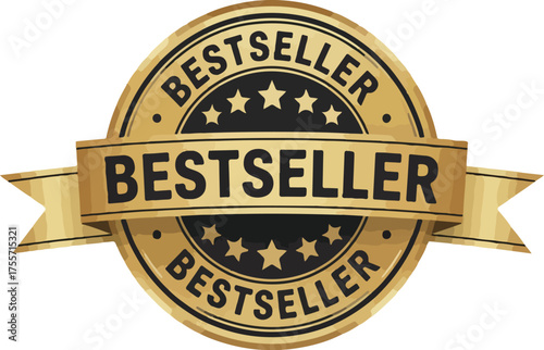 Gold bestseller badge with ribbon design 