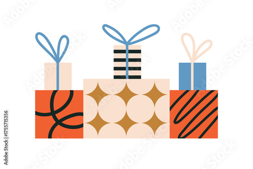 Gift boxes, festive present packages in wrapping paper with abstract patterns, ribbon bows. Holiday giftboxes pile, heap, stack. Many surprises. Flat vector illustration isolated on white background