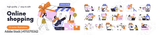 Online shopping, internet shops, digital e-commerce set. Customers paying and buying via mobile phone app, website. Virtual store sales, gifts. Flat vector illustration isolated on white background