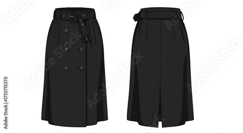 Elegant midi skirt illustration showcasing a double-breasted design with belt accent, presented in front and back views against a clean white backdrop