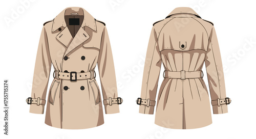 Elegant double-breasted trench coat, showcasing classic beige hue and detailed design elements for style and comfort