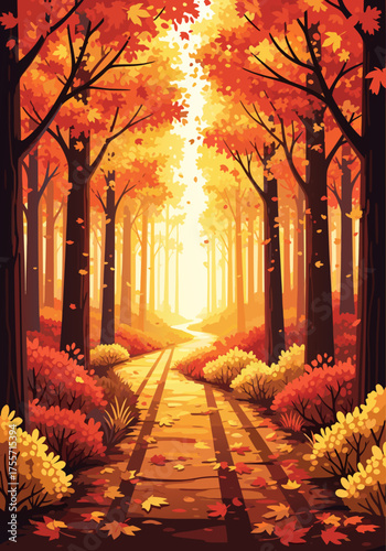 Stunning Fall Background A Vibrant Autumn Path Through the Forest, with Golden Leaves and Warm Sunlight