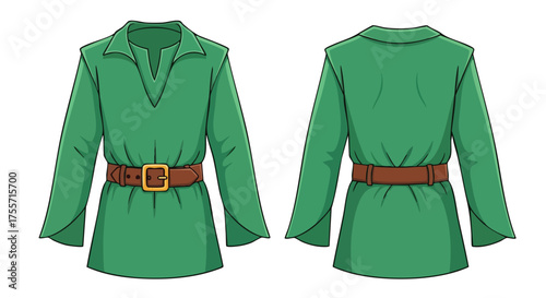 Illustration of a green tunic with a brown leather belt, presented in front and back views on a clean white background