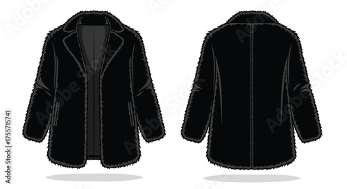 Elegant black faux fur coat showcasing the front and back design isolated on a white background