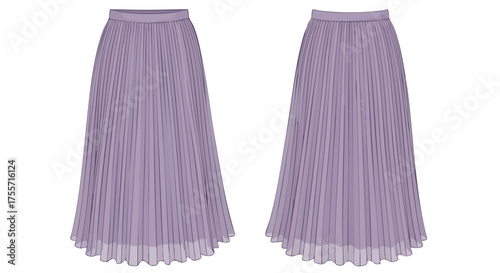 Elegant lavender pleated skirt with sheer hem and subtle texture, showcased in front and back views against a white backdrop for fashion design