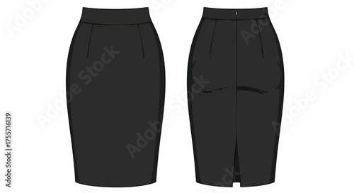 Elegant and professional black pencil skirt front and back view for fashion catalog illustration for apparel design collection