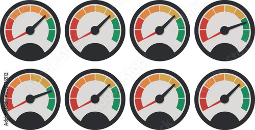 PrinSet of Gauge/Meter Icons Showing Different Levels  gauge, meter, speedometer, dashboard, indicator, performance, level, progress, rating, risk, scale, colorful, vector, set.