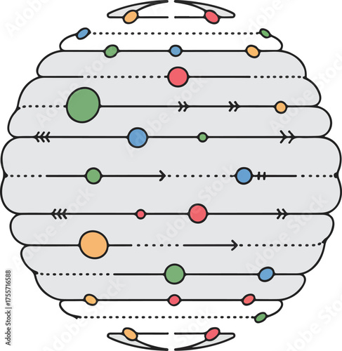 Abstract spherical diagram of interconnected data points with directional arrows and dotted lines