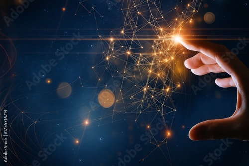 A hand reaches out to touch a glowing network of interconnected dots, symbolizing connection, technology, and the digital age, set against a deep blue background with bokeh effects