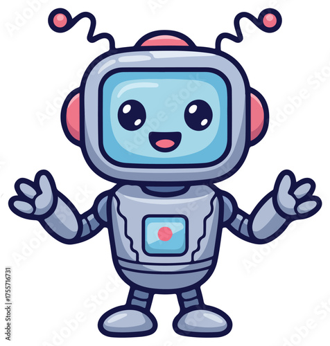 Adorable cartoon robot character with antennae and welcoming arms on white background