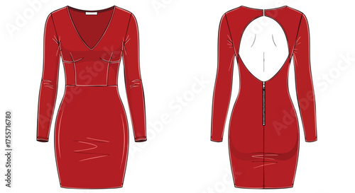 Illustration of a Long-Sleeved Red Dress with Plunging V-Neck and a Revealing Open Back Fashion Design