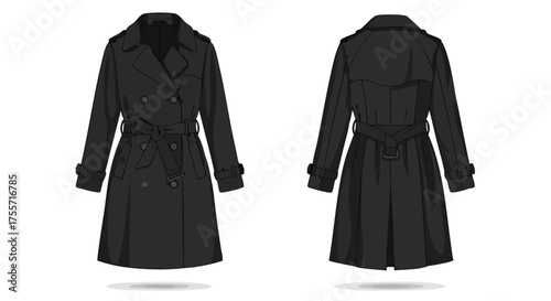 Double-Breasted Black Trench Coat Illustration: Front and Back View on a Clean Background Showcasing Sleek Design and Classic Tailoring