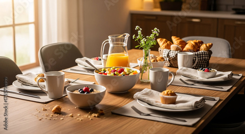 Wallpaper Mural Elegant Table setting for Breakfast: A tastefully arranged breakfast table welcomes the morning, laden with fresh fruits, pastries, and orange juice, bathed in the soft glow of natural light. Torontodigital.ca