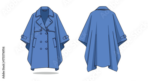 Technical fashion drawing of a blue double-breasted poncho coat, front and back views are presented in clear design details for product development