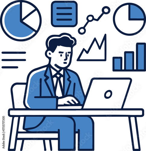 Businessman working on laptop with charts and graphs on white background desk chair