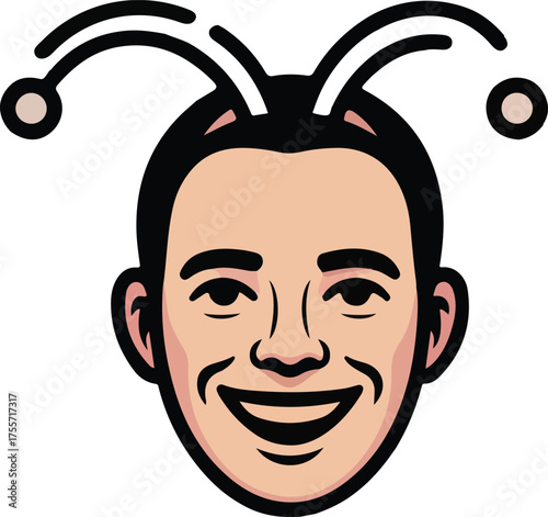 Cartoon illustration of a cheerful man with antennae smiling widely isolated on white background