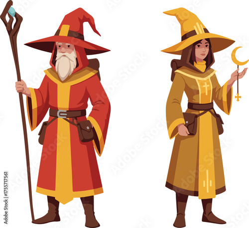 Two wizards in robes and hats with magical items. Suitable for fantasy illustrations, halloween designs, or wizardthemed projects.
