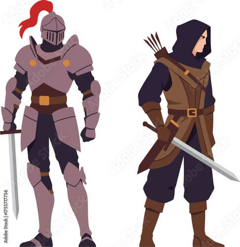 Medieval knight in armor and an archer with arrows, suitable for historical and fantasythemed designs. Royal warriors in action stance.