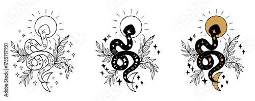 Mystical Snake with Sun, Moon and Plants Set. Isolated Outline Black, gold Textured Hand Drawings. Vector Illustration. Not AI