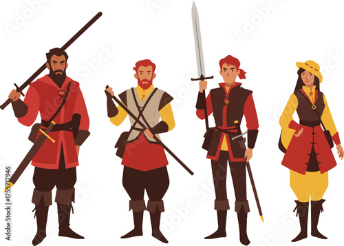 Four characters in medieval attire holding swords and staffs, perfect for historical or fantasythemed designs, posters, and projects.