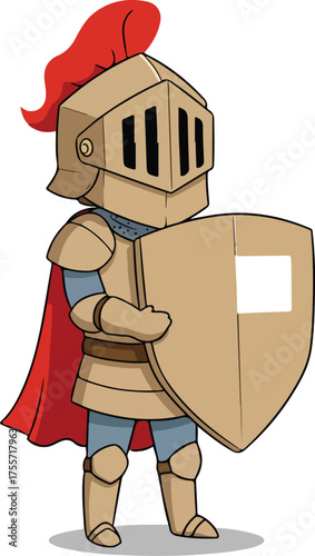 Knight in cardboard armor ready for battle. Perfect for childrens book illustrations, educational materials, and fun gaming visuals.