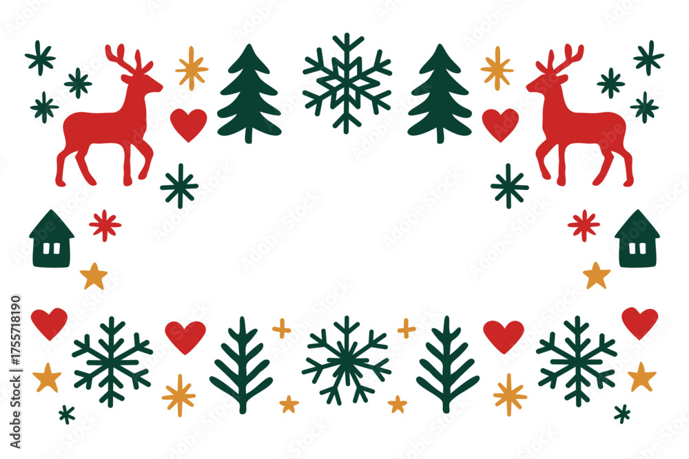 Fototapeta premium Scandinavian Folk Art Christmas Border Decoration with Reindeer and Snowflakes