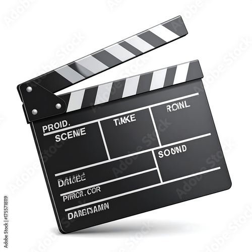 A glossy, isolated image of a classic film clapperboard, open and ready for action. The design features black and white stripes
