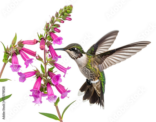  Anna's Hummingbird (Calypte Anna) Photo, in Flight, Feeding on Parry's penstemon (Penstemon parryi) Blooms, on a Transparent, Isolated PNG Background