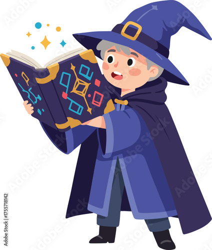 Young wizard reading a magical book with sparkle, wearing a hat. Suitable for fantasythemed designs and marketing materials.
